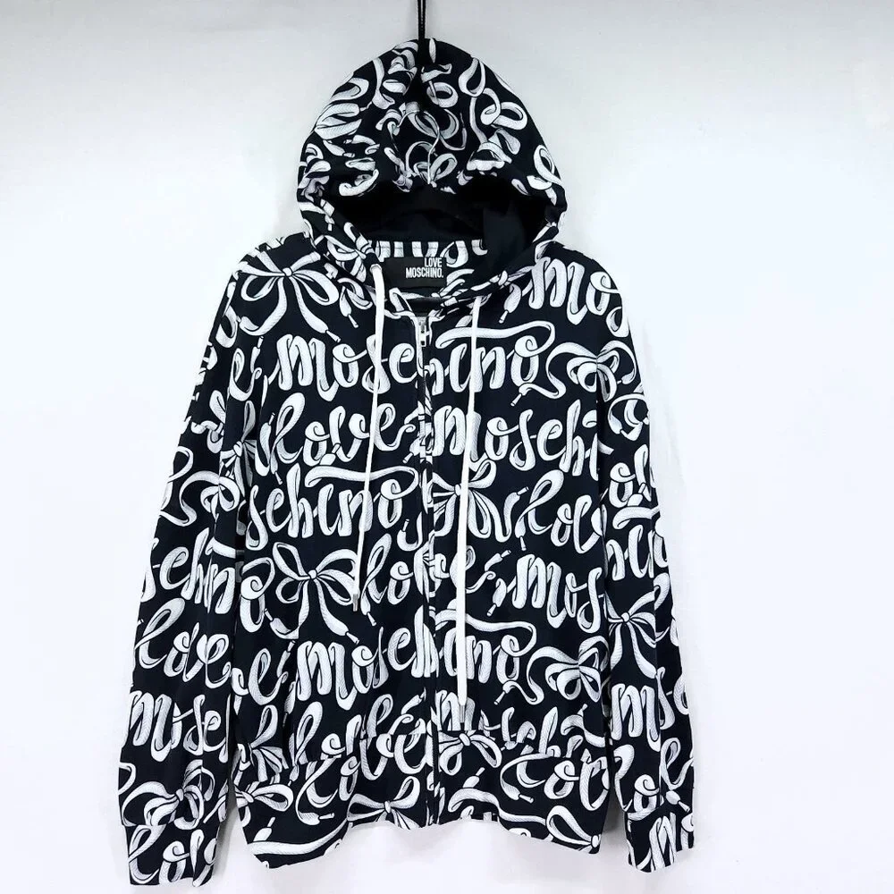 Love Moschino Hoodie Small Oversized All Over Print Full Zip Black AOP Sweater
